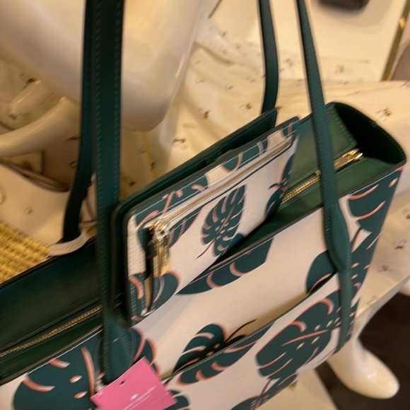 Kate Spade Cara Large Tote Monstera Leaves & Large Slim Bifold Wallet Cream Mult - Picture 10 of 16